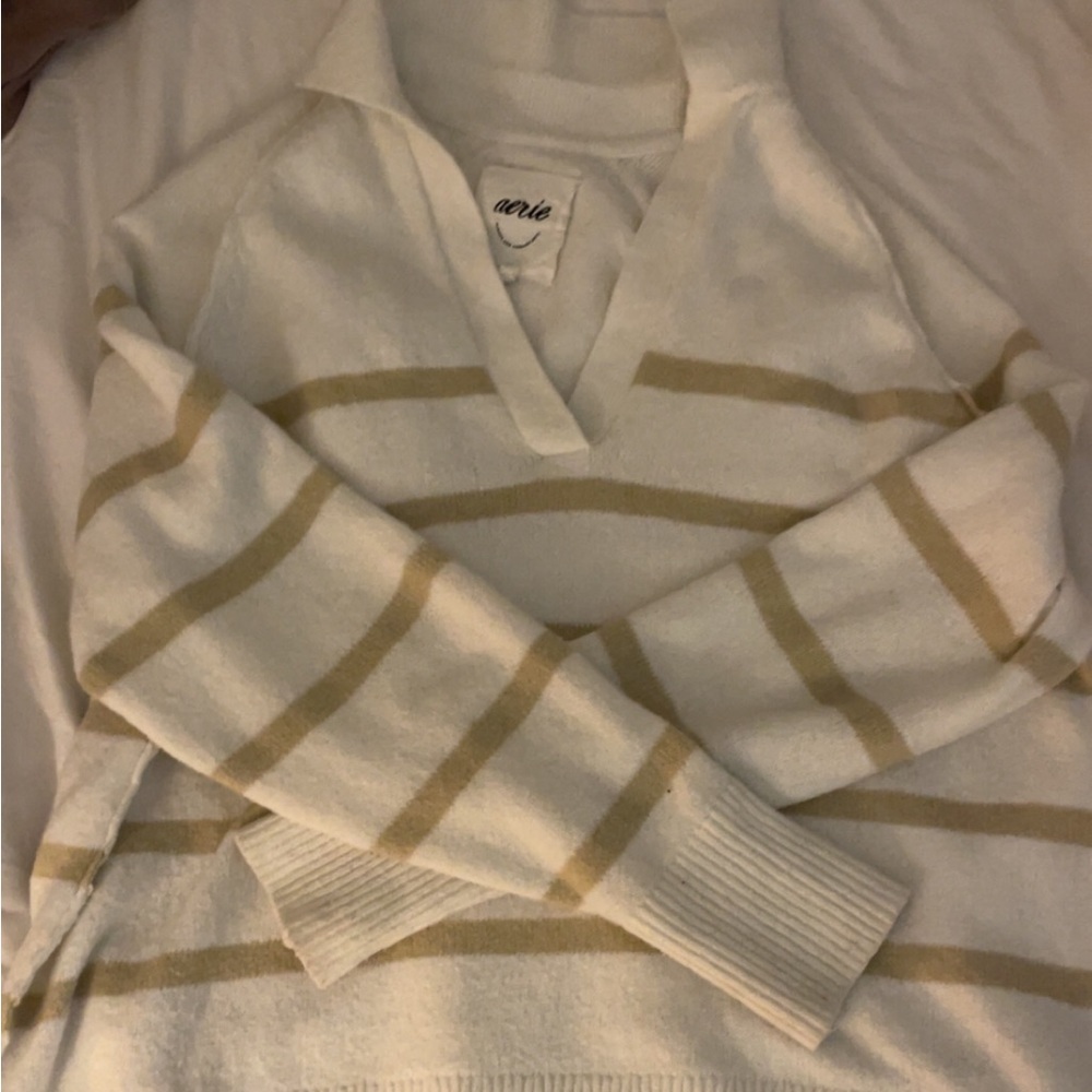 Aerie V-Neck Sweater - Cream and Tan Stripes